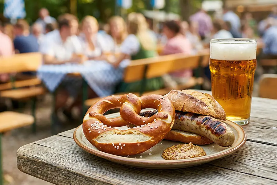 Bavarian pretzel and sausage with beer